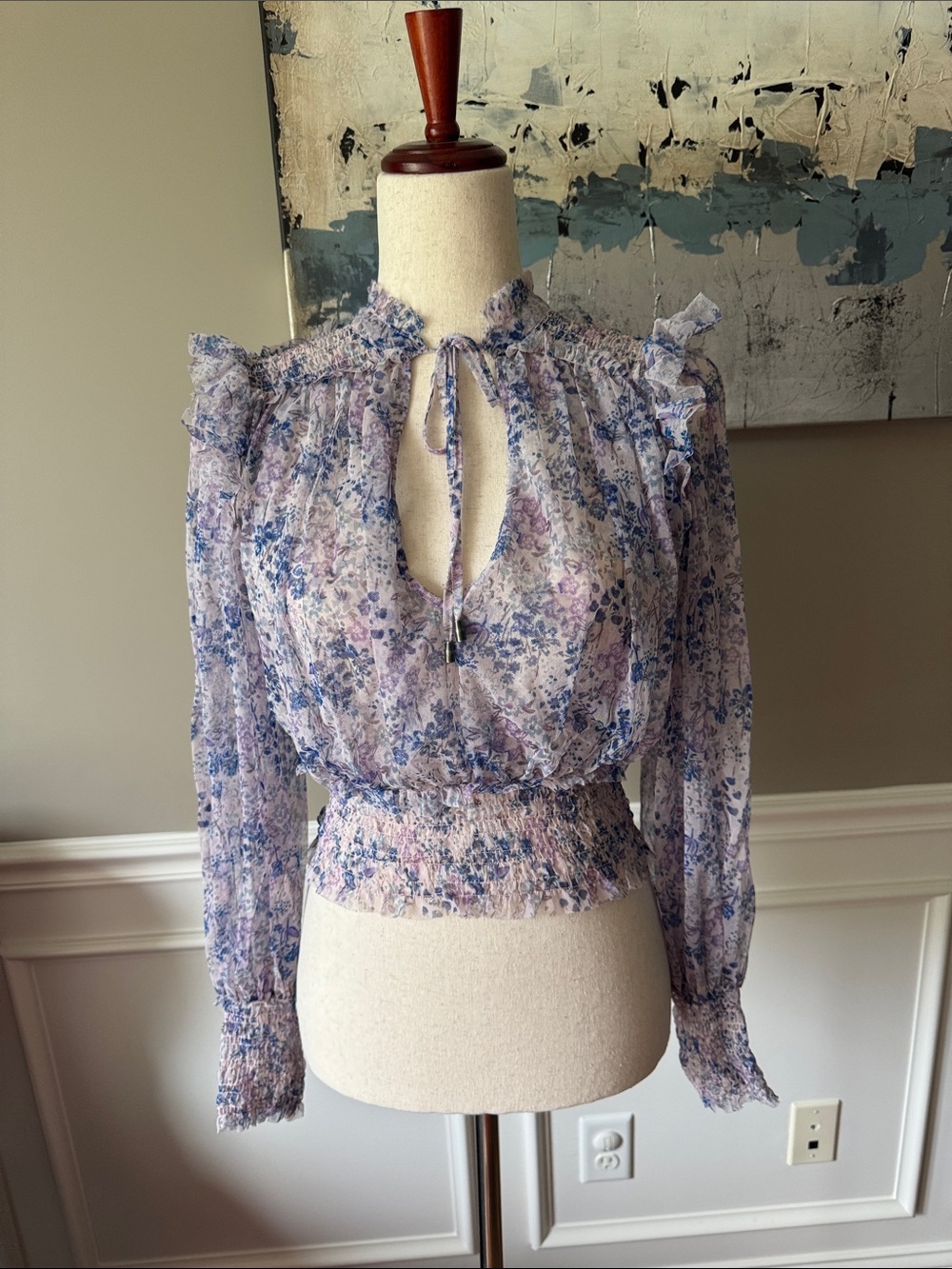 Free People Twyla Floral Smocked Waist Sheer V-Neck Blouse - Lavender Blue Size